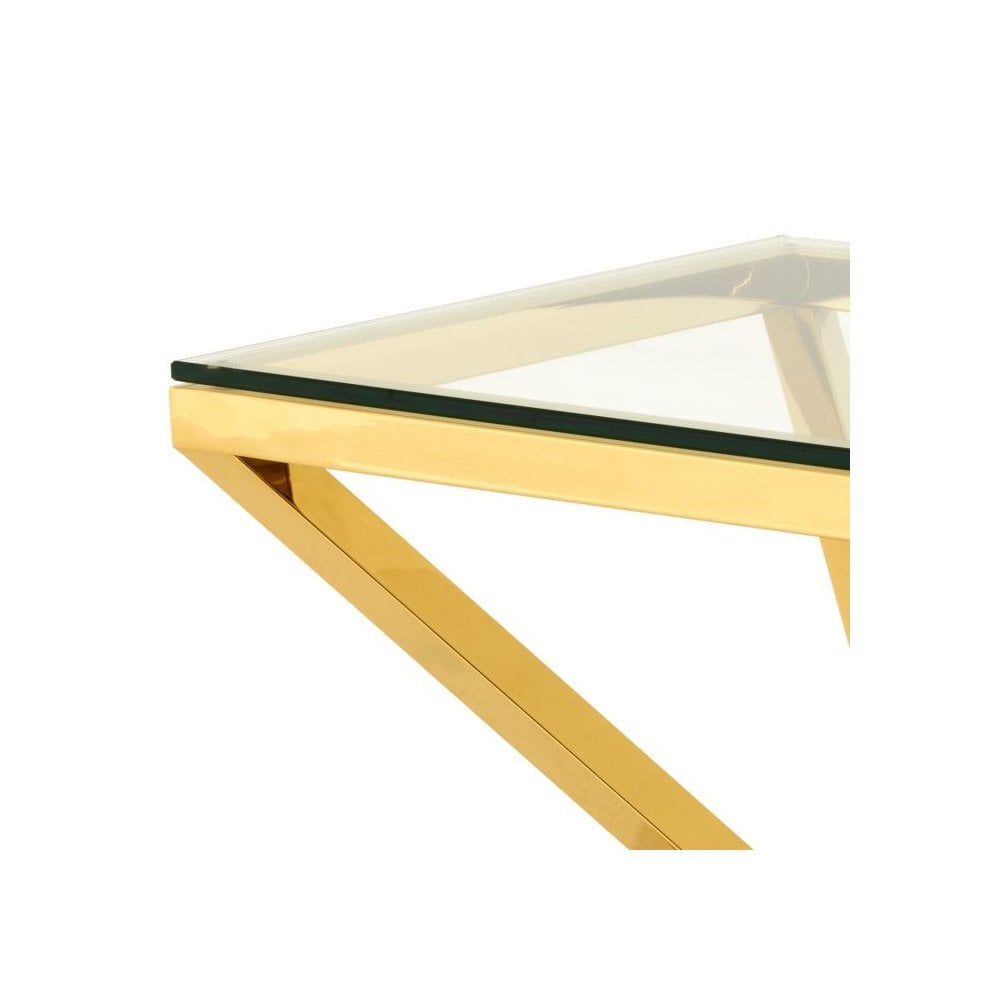 Elegant Connor Side Table, Gold Geometric Base, Clear Glass Top