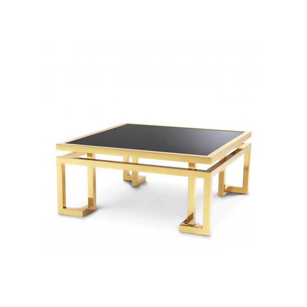 Palmer Art Deco Coffee Table, Gold Frame with Black Glass Top