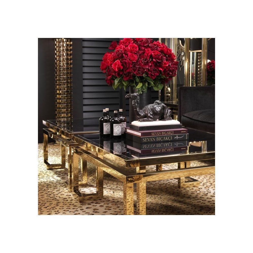 Palmer Art Deco Coffee Table, Gold Frame with Black Glass Top