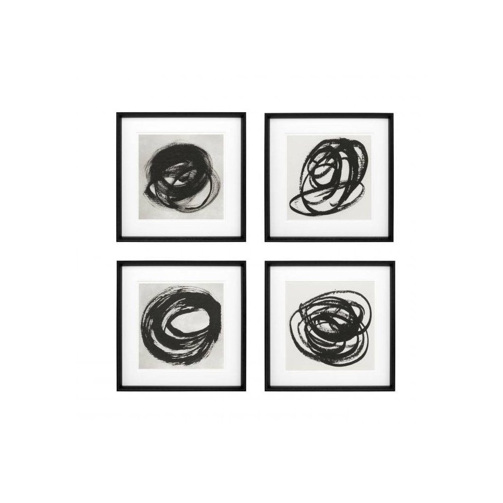 Monochrome Elegance: Set of 4 Abstract Art Prints in Black Wooden Frames