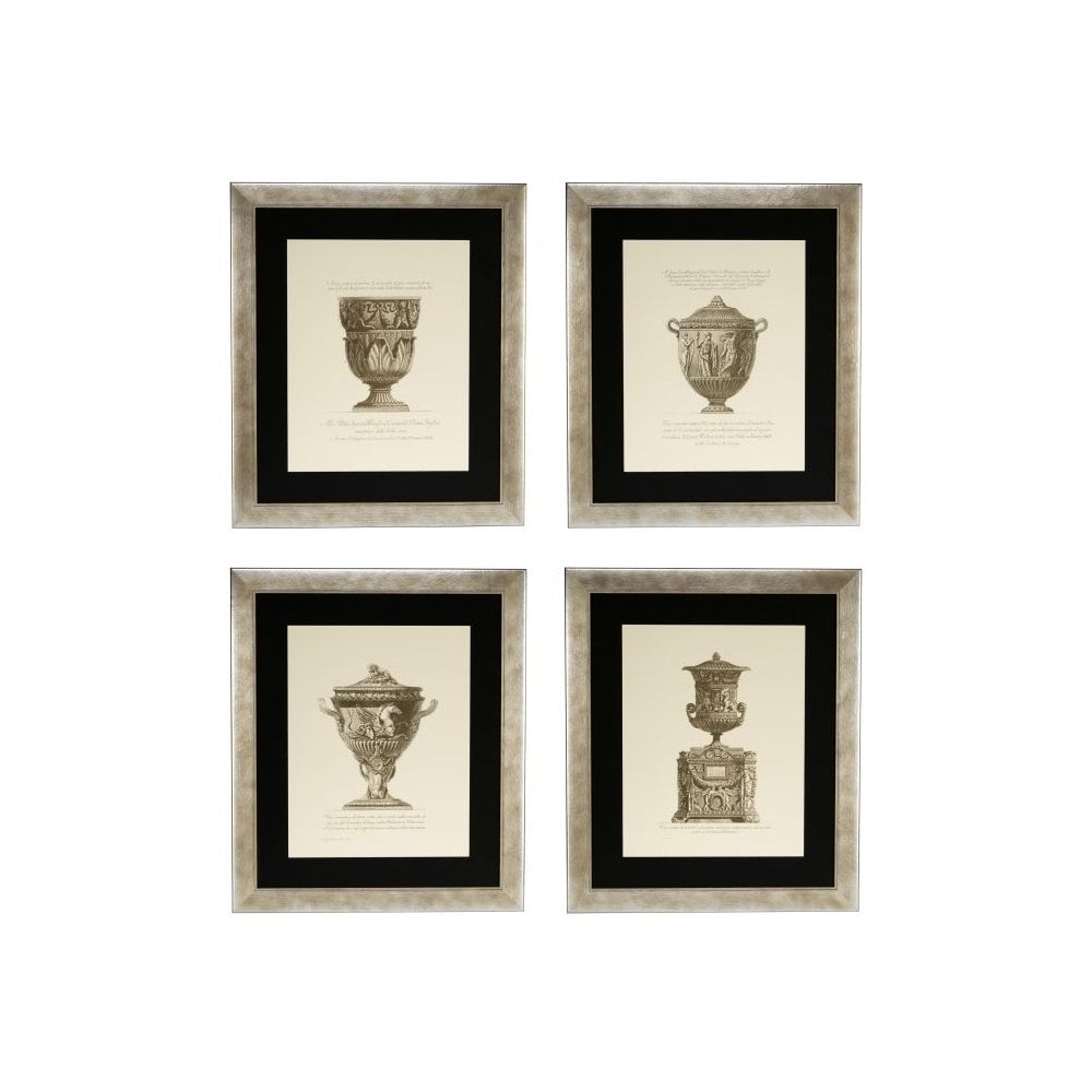 Giovanni Battista Antique Urn Prints Quartet, Silver Frame with Clear Glass