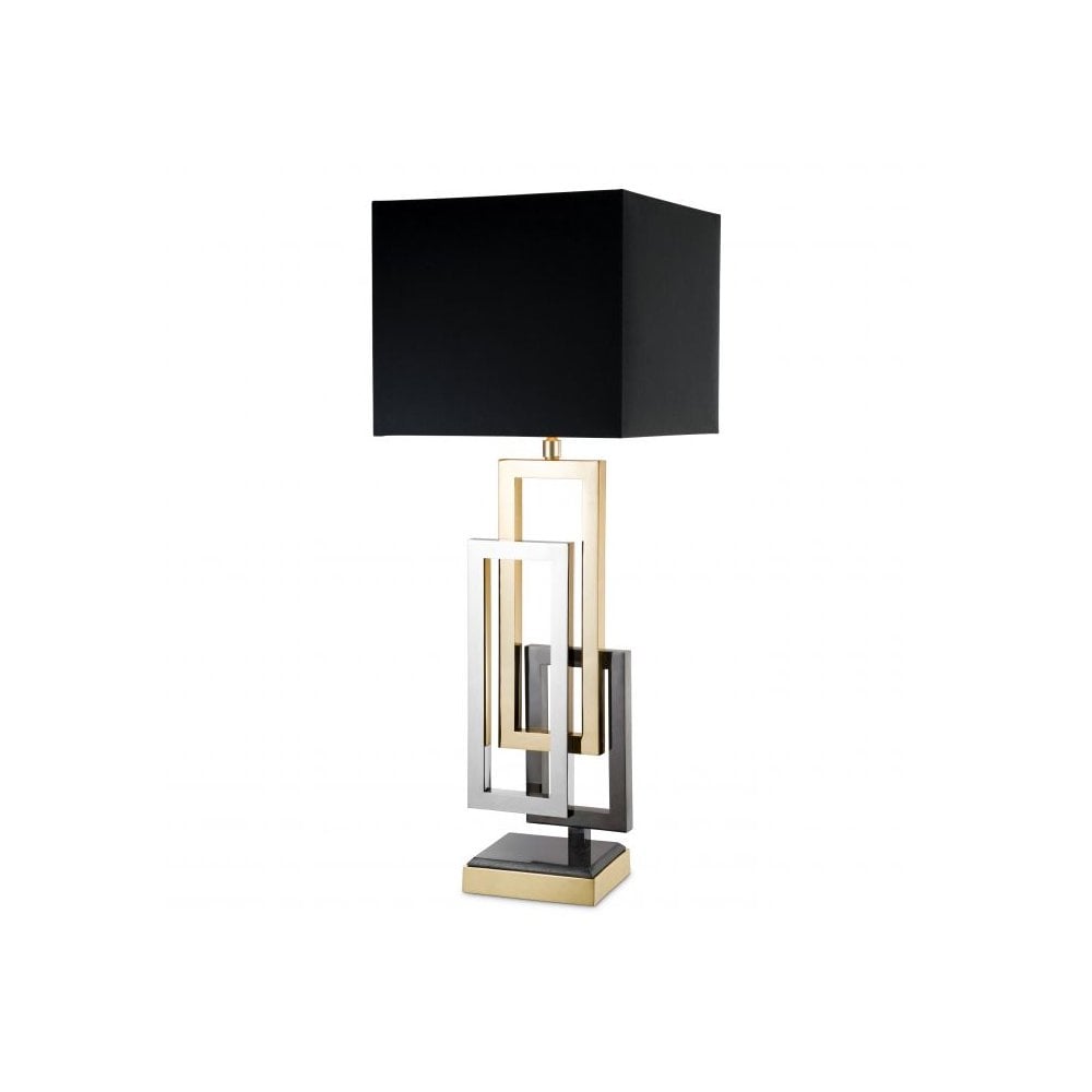Regine Table Lamp: Sleek Sculptural Design in Nickel and Gold Finishes with Black Shade
