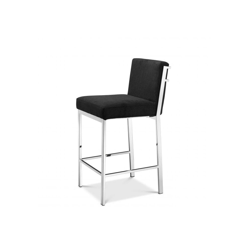 Elegant Scott Barstool, Polished Steel Frame, Luxurious Black Velvet Upholstery