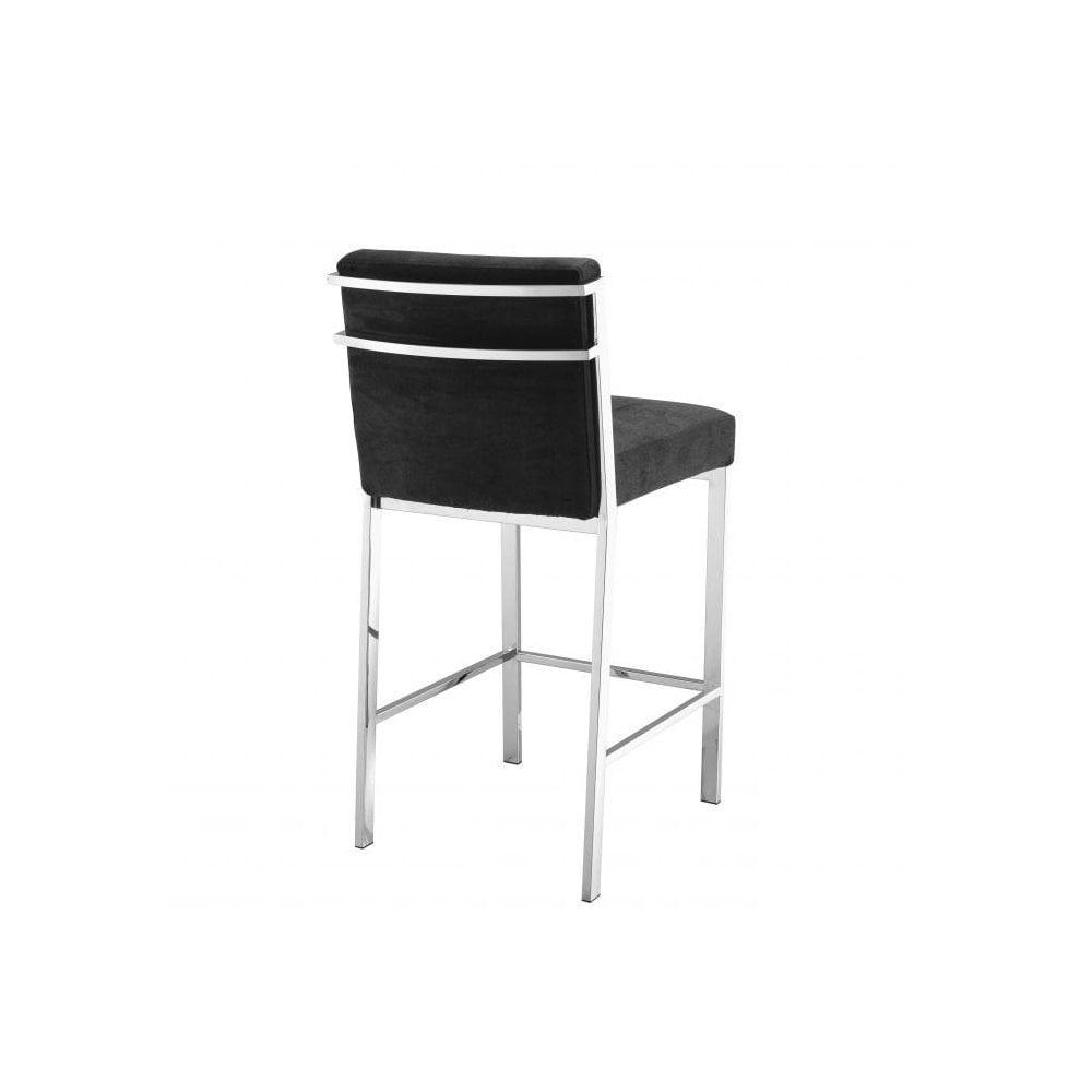Elegant Scott Barstool, Polished Steel Frame, Luxurious Black Velvet Upholstery