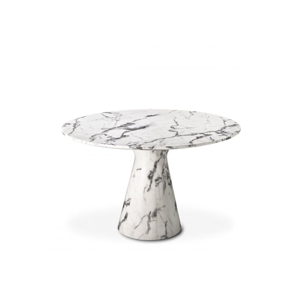 Turner Round Dining Table in White Faux Marble with Black Veining