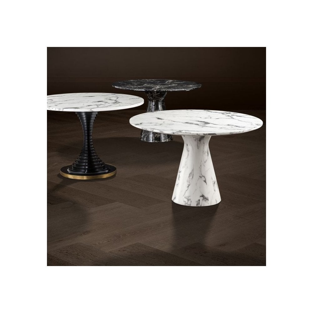 Turner Round Dining Table in White Faux Marble with Black Veining