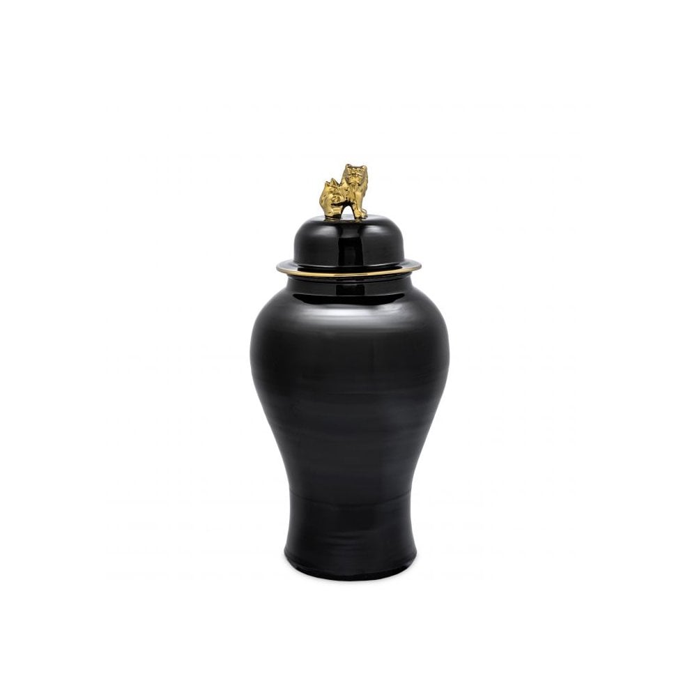 Golden Dragon S Vase: Black and Gold Porcelain with Foo Dog Finial