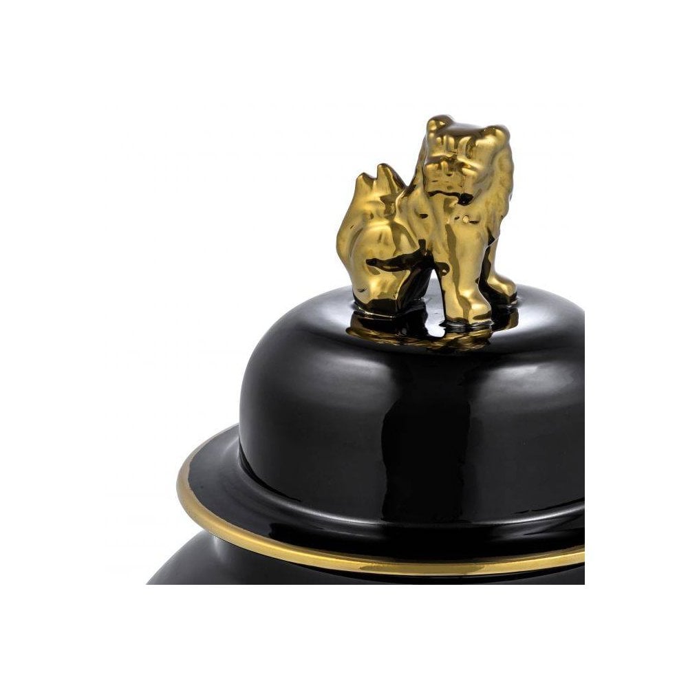 Golden Dragon S Vase: Black and Gold Porcelain with Foo Dog Finial