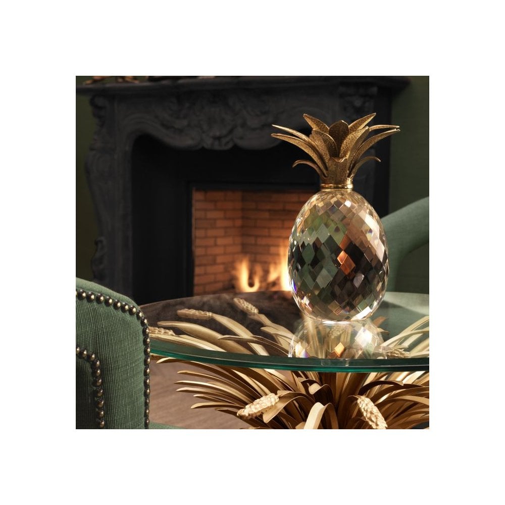 Crystal Glass Pineapple with Brass Crown Decor Piece