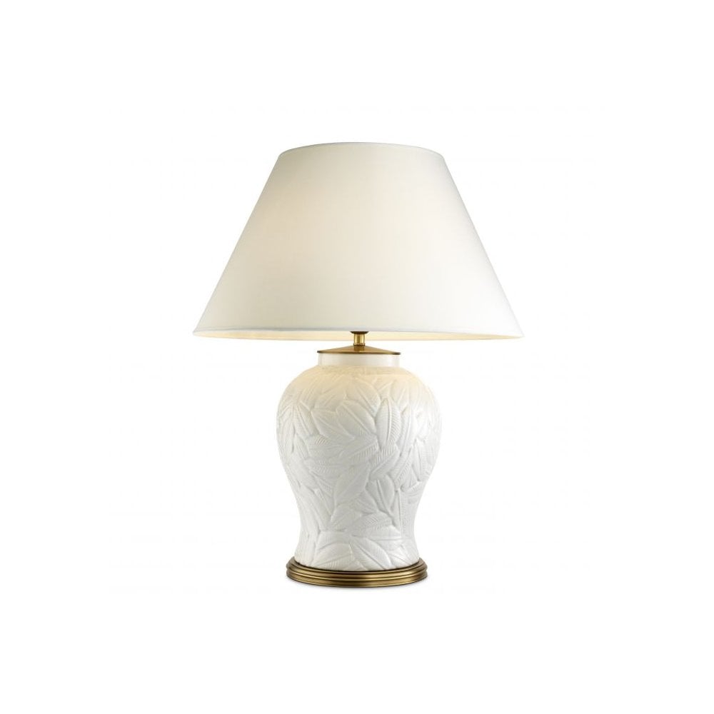 Ceramic Leaf Relief Table Lamp - White with Antique Brass Accents