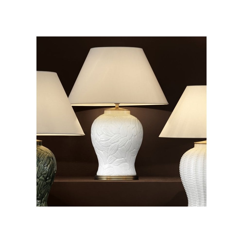 Ceramic Leaf Relief Table Lamp - White with Antique Brass Accents