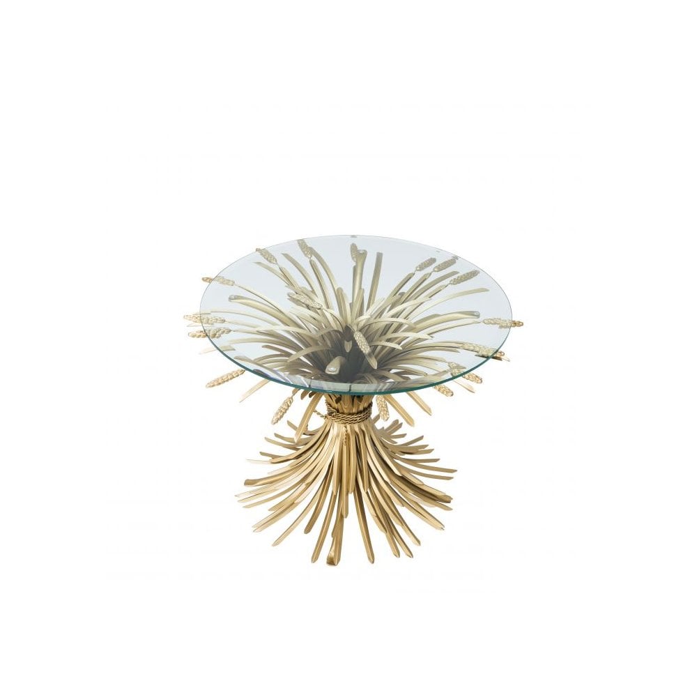 Elegant Sheaf-Inspired Side Table with Antique Gold Finish and Beveled Glass Top