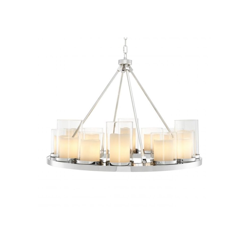 Summit Chandelier, 90 cm Ø, Polished Stainless Steel & Clear Glass with Faux Candle Shades
