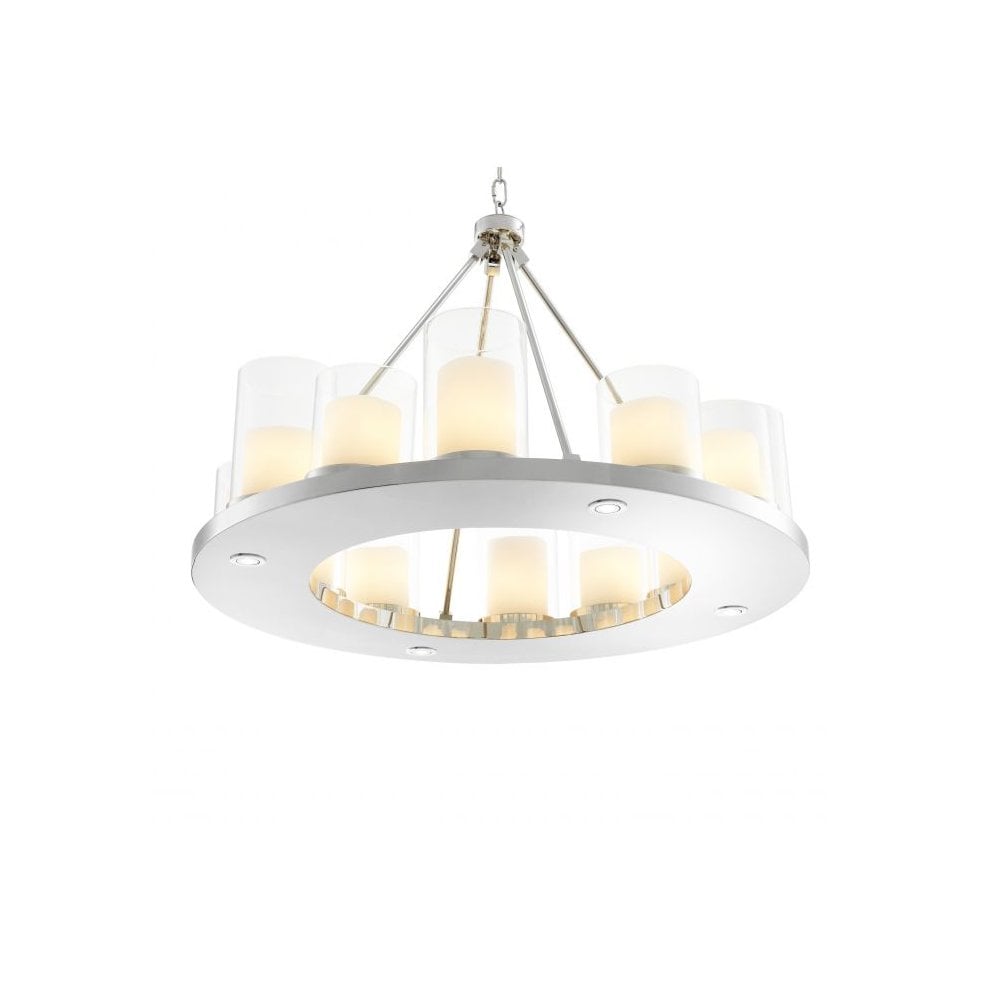 Summit Chandelier, 90 cm Ø, Polished Stainless Steel & Clear Glass with Faux Candle Shades