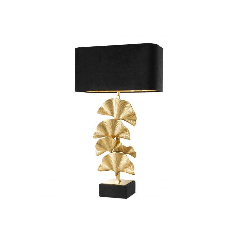 Elegant Tropical Dream Table Lamp with Brass Palm Leaves and Black Velvet Shade