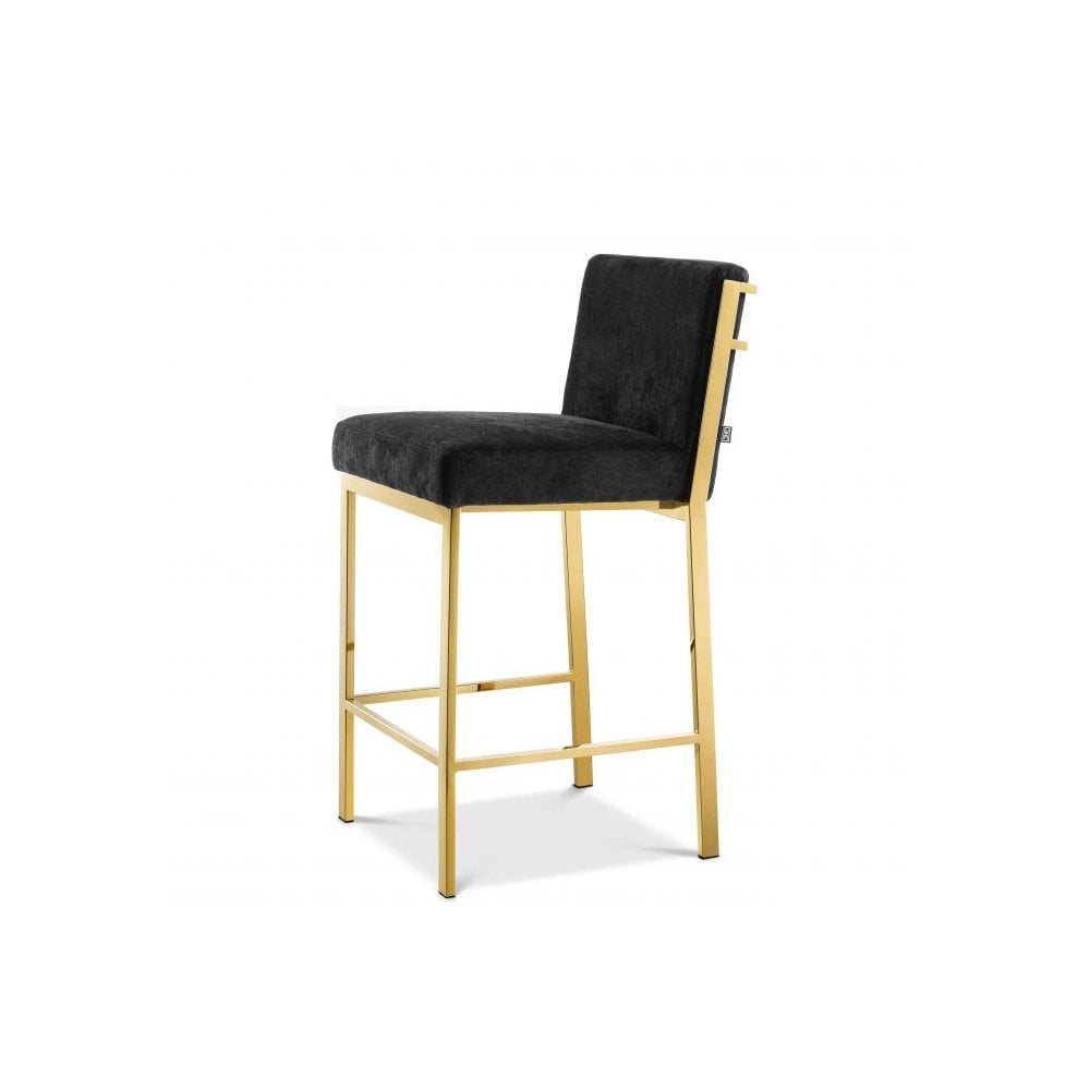 Gold-Finished Scott Counter Stool with Black Velvet Upholstery