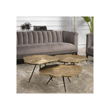 Quercus Trio Coffee Tables Set with Brass-Toned Wood Tops and Black Legs