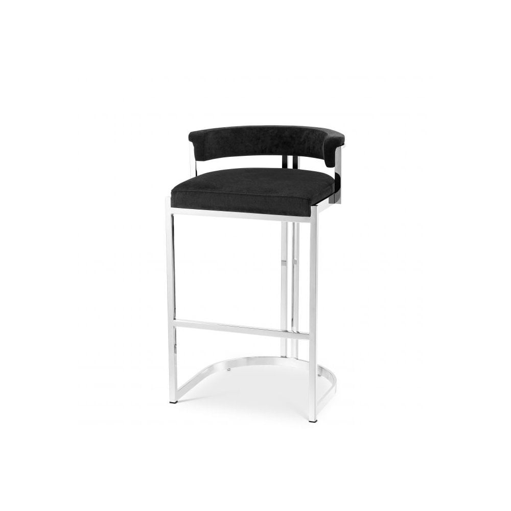 Dante Modern Counter Stool, Black Velvet & Polished Stainless Steel