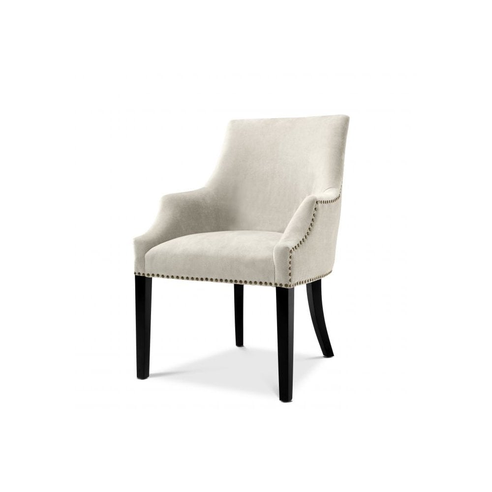 Legacy Dining Chair: Clarck Sand Upholstery with Antique Brass Accents and Black Legs