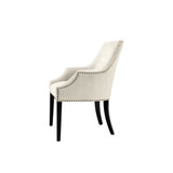 Legacy Dining Chair: Clarck Sand Upholstery with Antique Brass Accents and Black Legs
