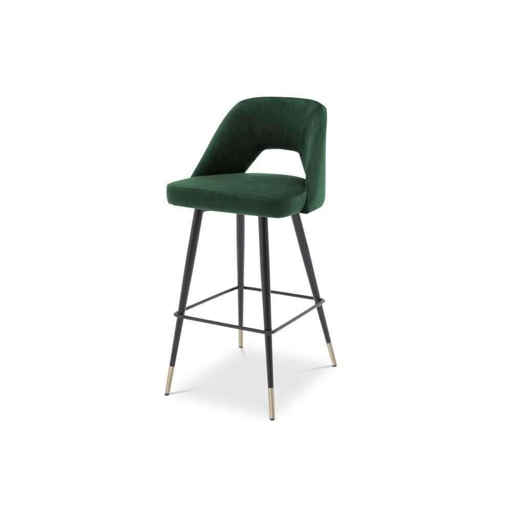 Avorio Bar Stool in Roche Green Velvet with Black and Brass Accents
