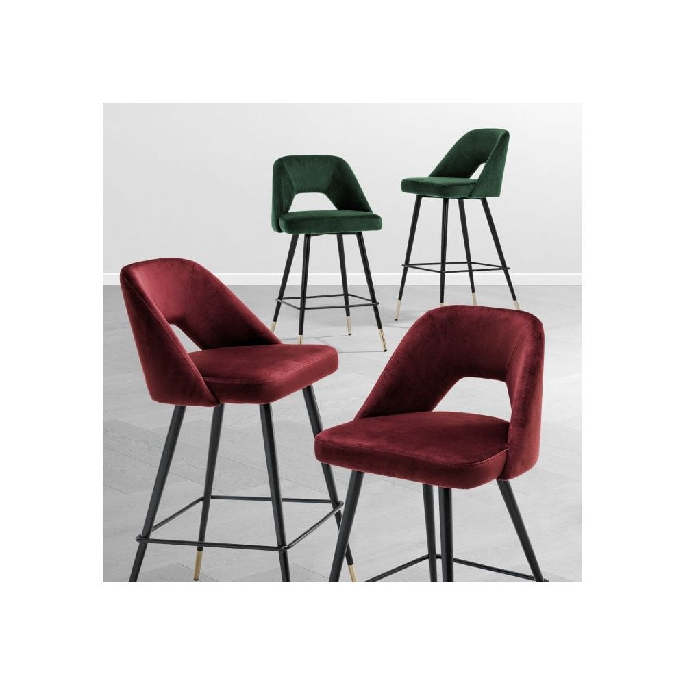 Roche Green Velvet Counter Stool with Brass-Tipped Black Legs