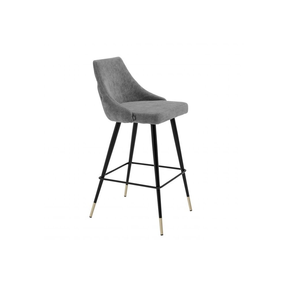 Cedro Mid-Century Modern Bar Stool with Clarck Grey Upholstery and Black Brass-Capped Legs
