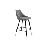 Cedro Mid-Century Modern Bar Stool with Clarck Grey Upholstery and Black Brass-Capped Legs