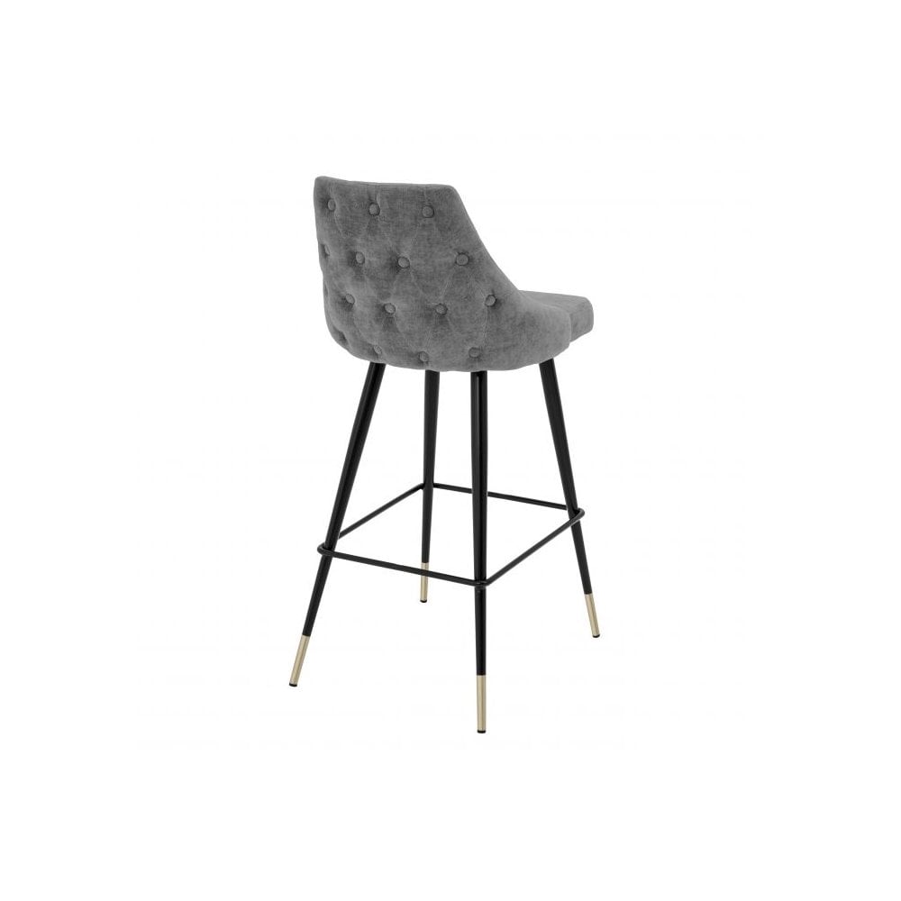 Cedro Mid-Century Modern Bar Stool with Clarck Grey Upholstery and Black Brass-Capped Legs