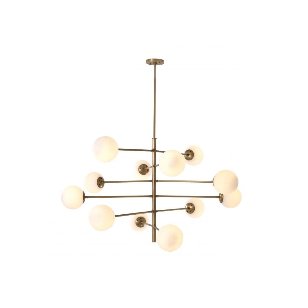 Vintage Mid-Century Modern Tortora Chandelier, Antique Brass with White Globes