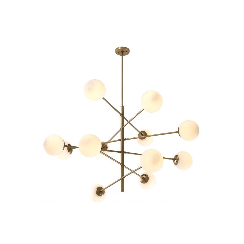 Vintage Mid-Century Modern Tortora Chandelier, Antique Brass with White Globes