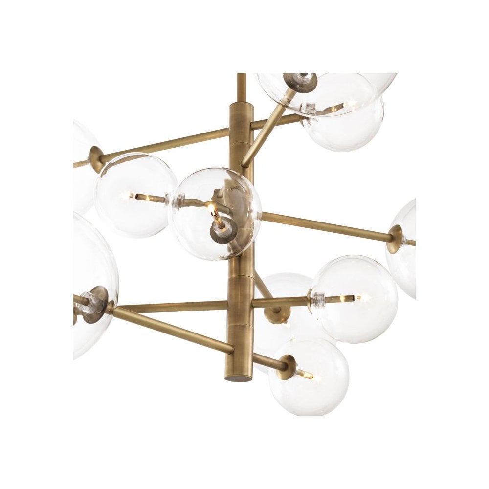 Argento S Chandelier: Mid-Century Elegance with Antique Brass and Clear Glass Design