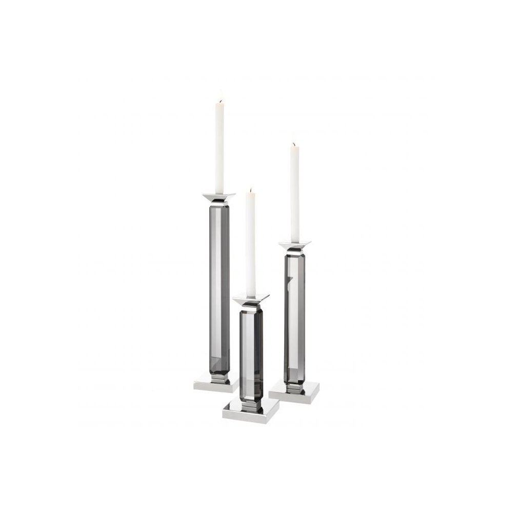 Elegant Trio of Livia Candle Holders in Smoke Crystal Glass and Nickel Finish