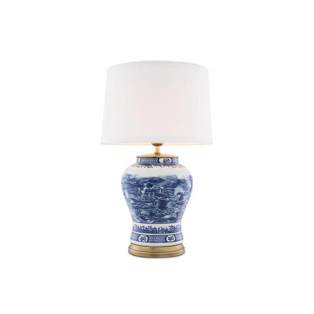 Oriental Blue Ceramic Table Lamp with Antique Brass Accents
