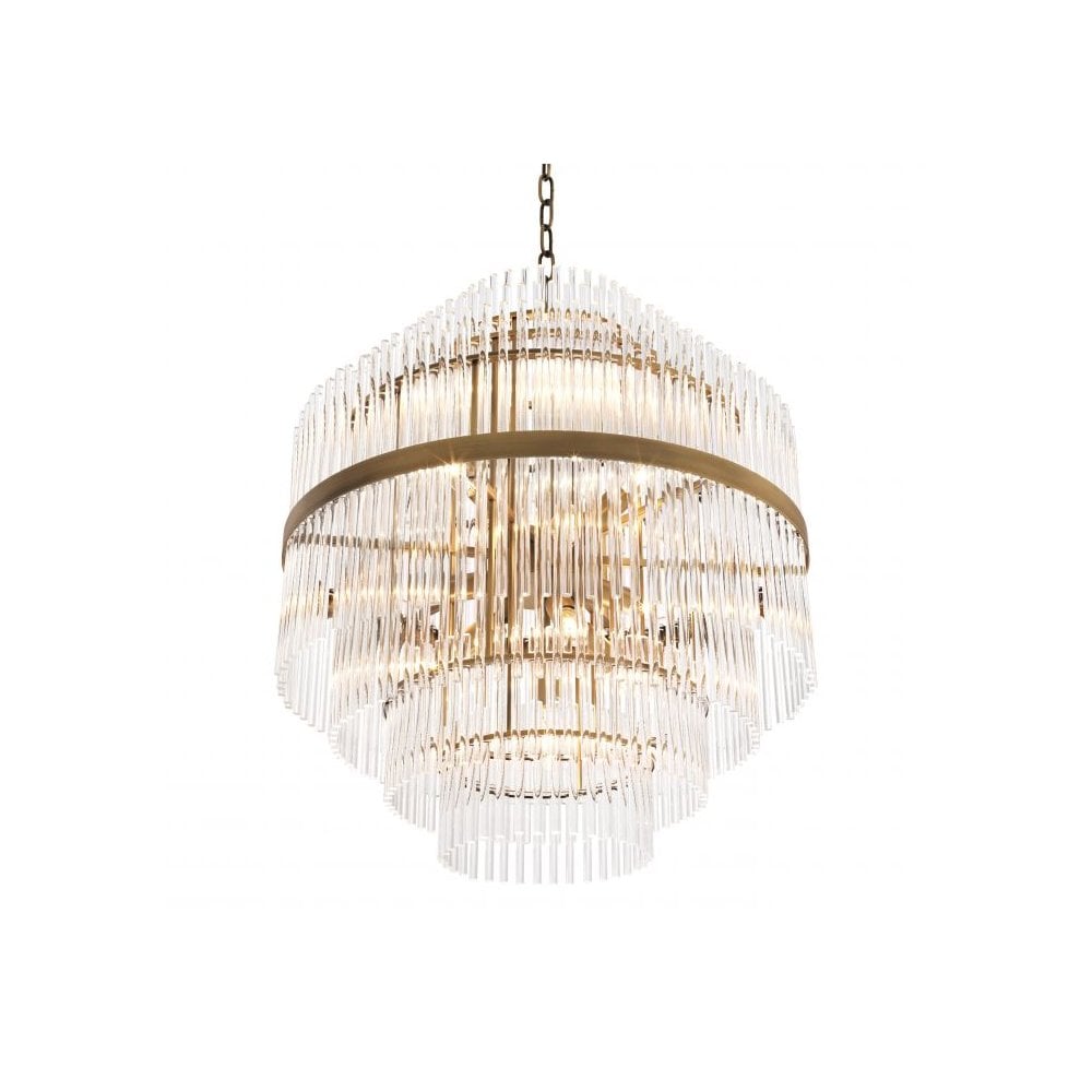 Vintage Art Deco East Chandelier, Antique Brass & Clear Glass