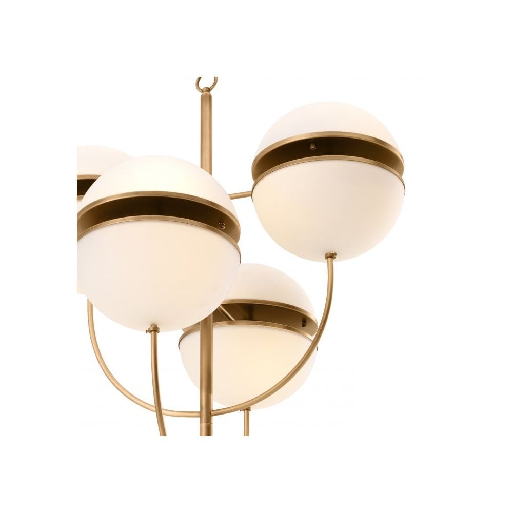 Spiridon Chandelier with Antique Brass Finish and Dual White Glass Spheres
