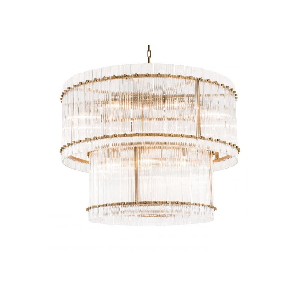 Radiant Ruby L Chandelier, Antique Brass with Ribbed Clear Glass