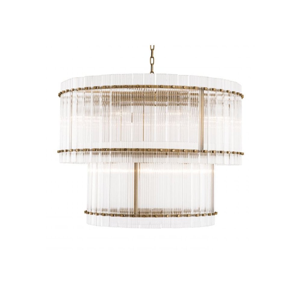 Radiant Ruby L Chandelier, Antique Brass with Ribbed Clear Glass