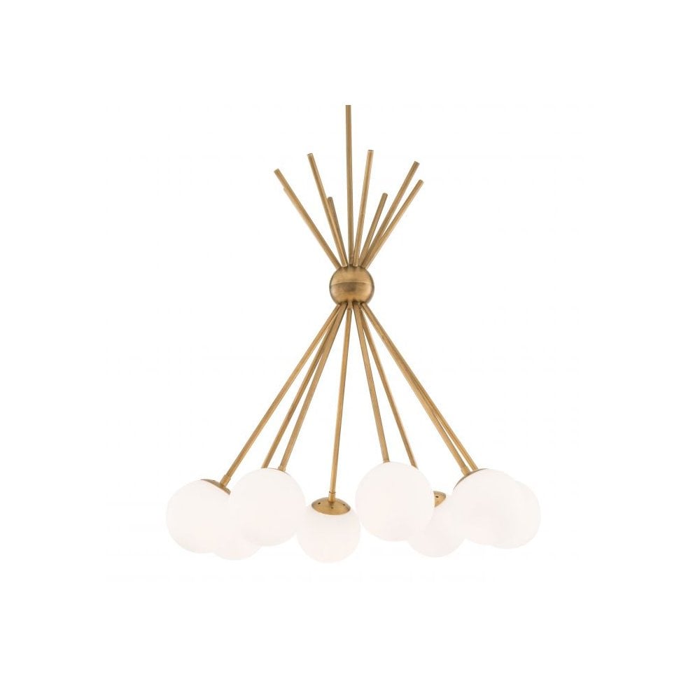 Mid-Century Modern Luxor Chandelier in Antique Brass with White Globe Shades