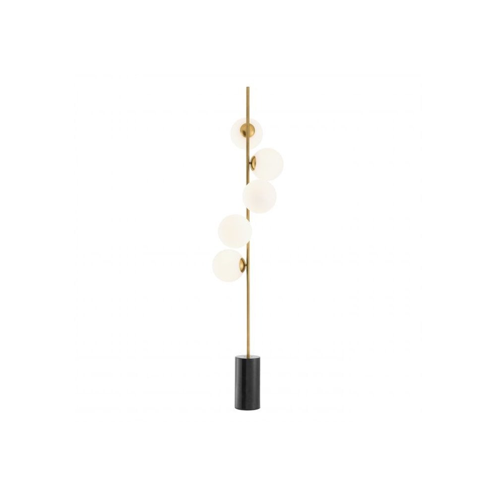 Tempo Floor Lamp with Antique Brass, White Globe Shades, and Black Marble Base