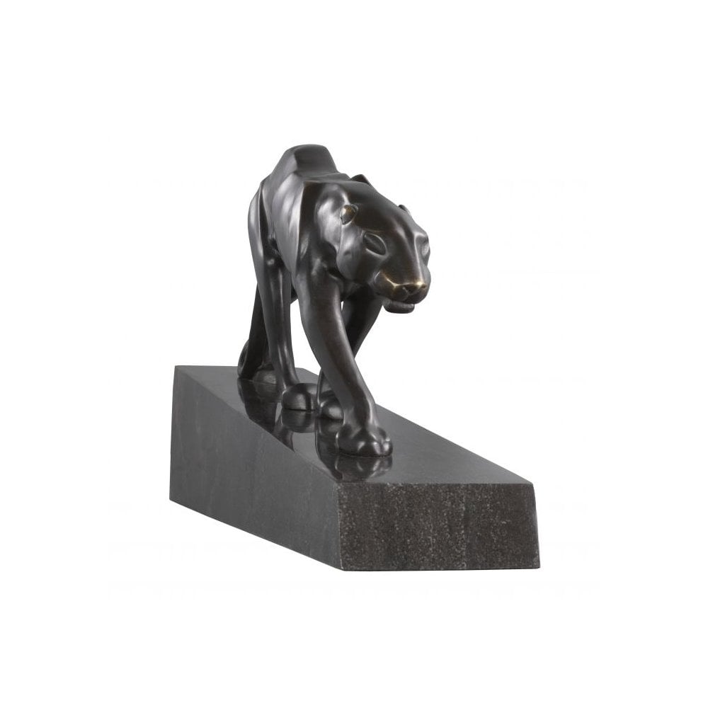 Bronze Patina Panther Sculpture on Black Marble Base
