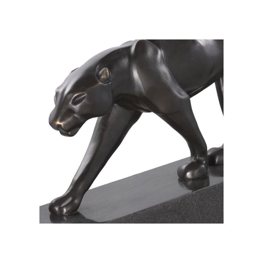 Bronze Patina Panther Sculpture on Black Marble Base
