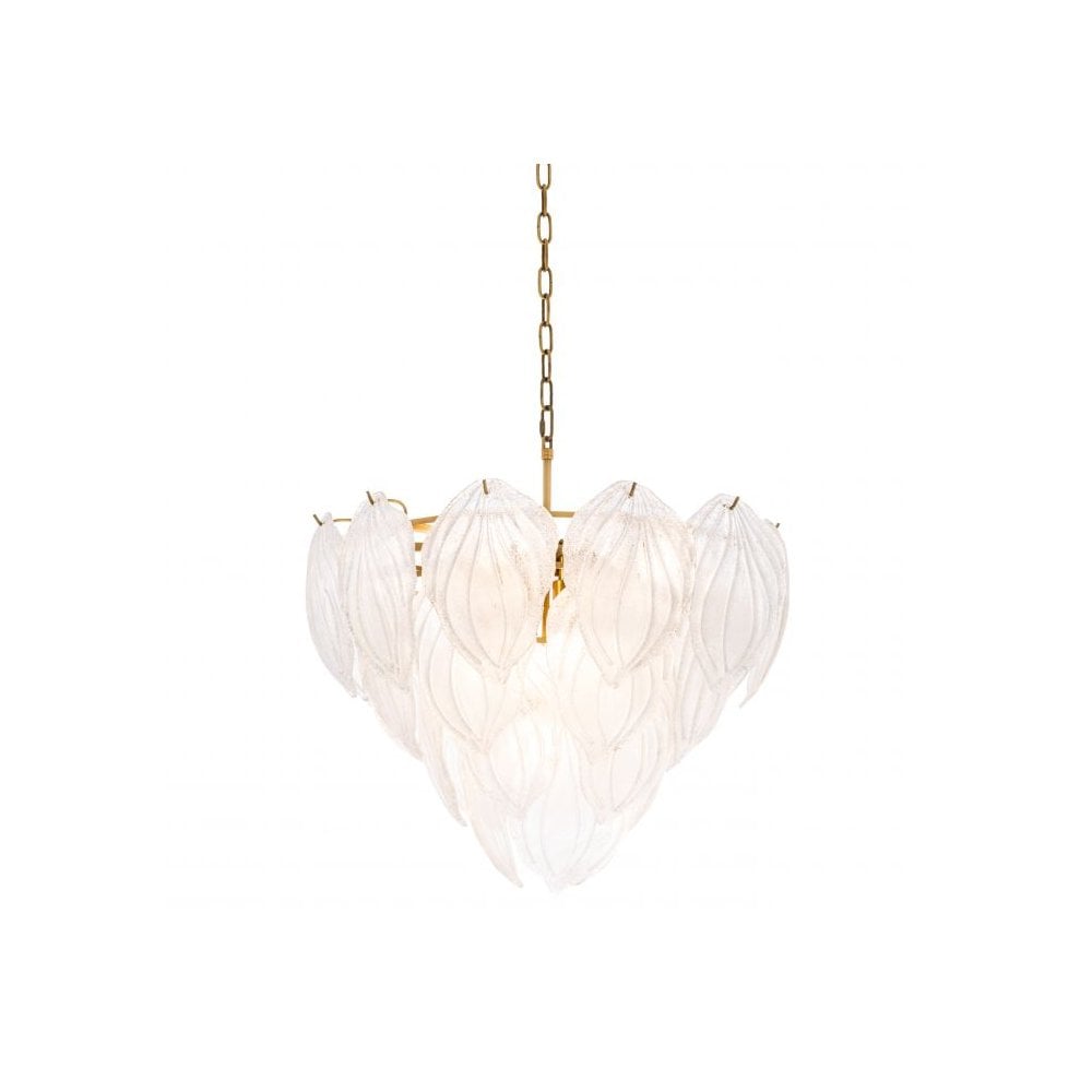 Novida Antique Brass Chandelier with Hand-Blown Frosted Glass Leafs