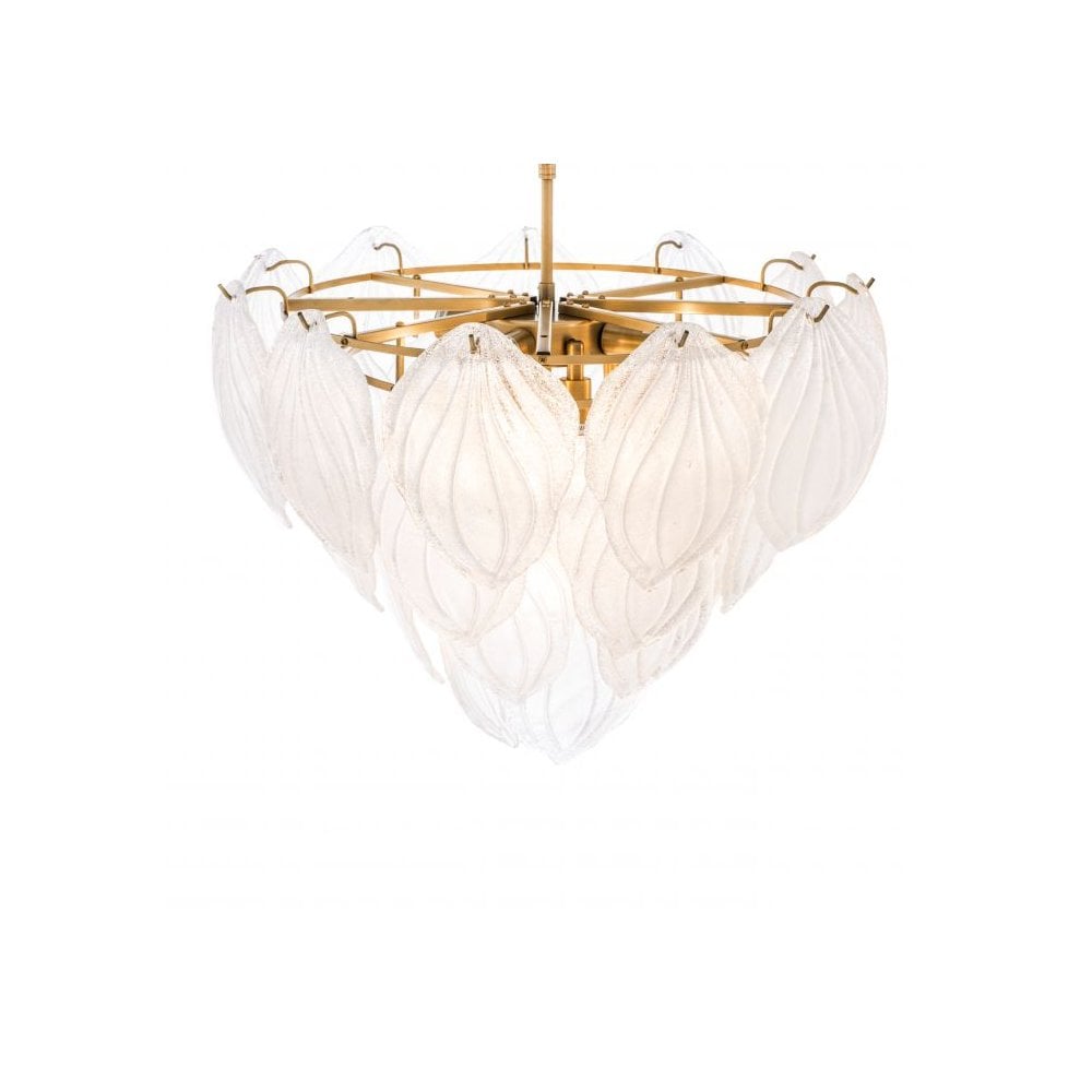 Novida Antique Brass Chandelier with Hand-Blown Frosted Glass Leafs