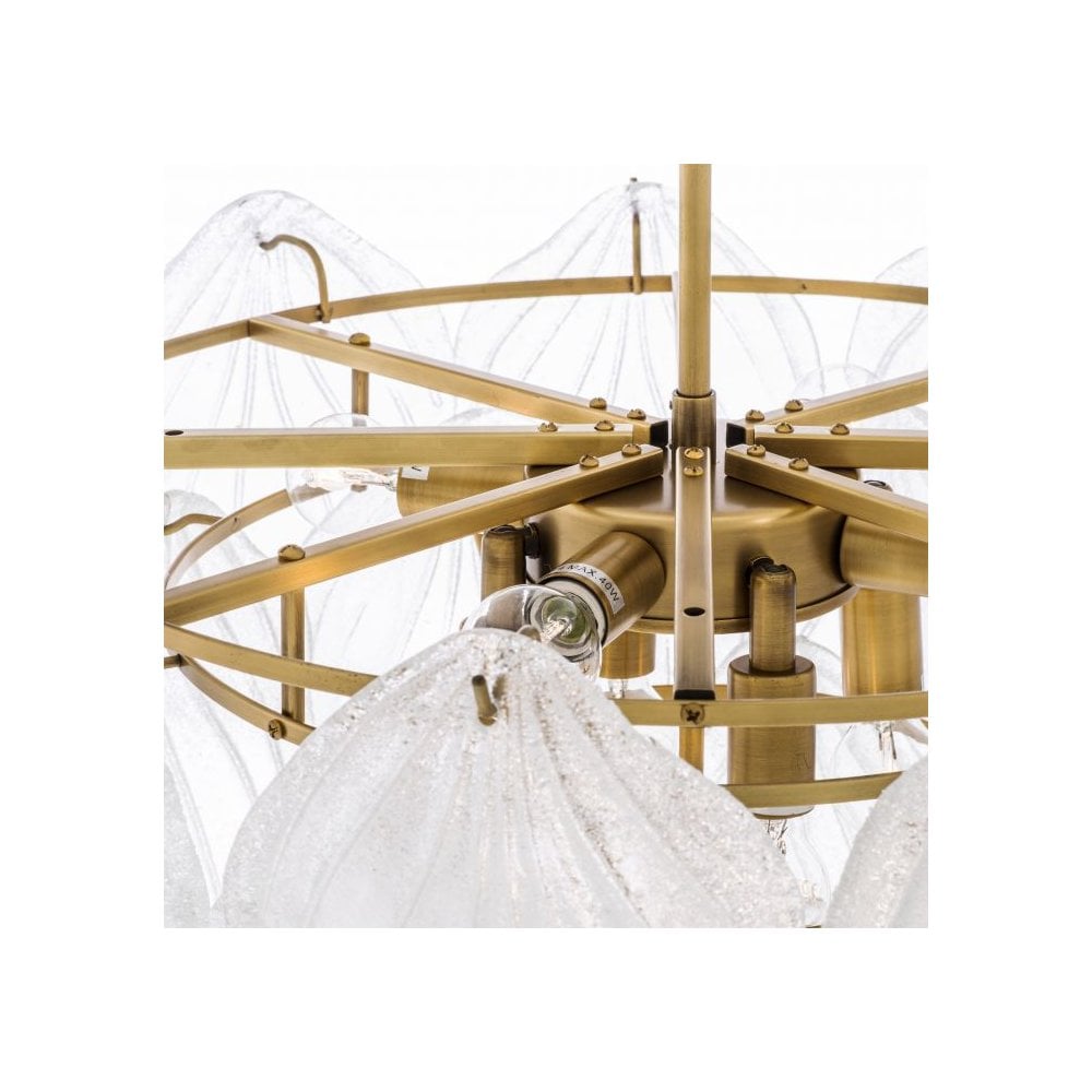 Novida Antique Brass Chandelier with Hand-Blown Frosted Glass Leafs