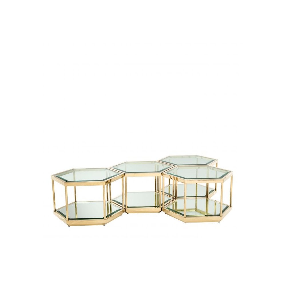 Hexagonal Sax Coffee Table Quartet with Gold Finish and Glass Details