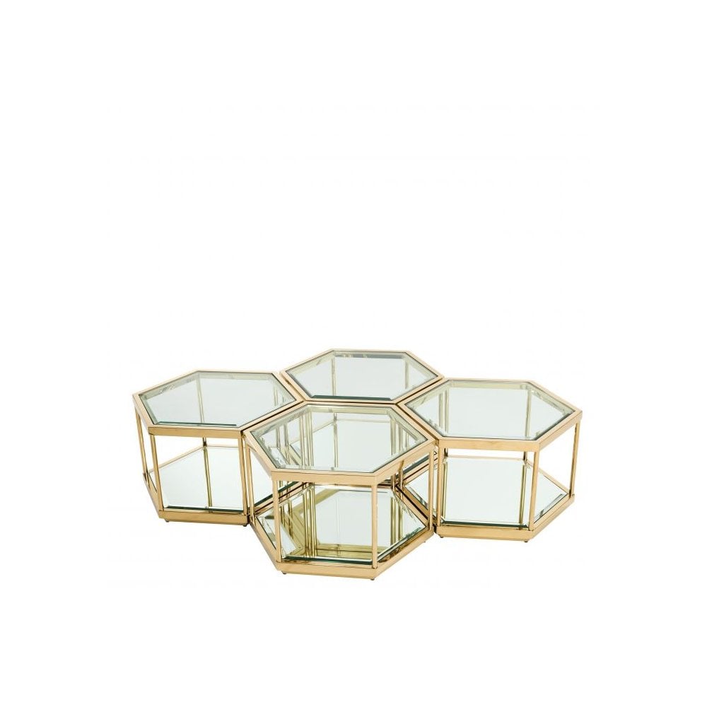 Hexagonal Sax Coffee Table Quartet with Gold Finish and Glass Details