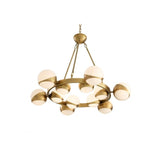Piazetta Mid-Century Modern Chandelier, Antique Brass & White Globe Shades