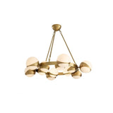 Piazetta Mid-Century Modern Chandelier, Antique Brass & White Globe Shades