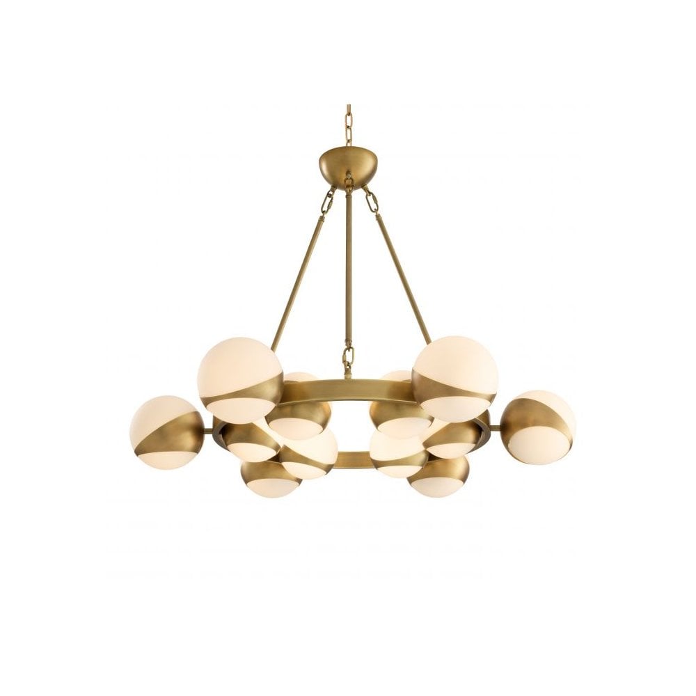 Piazetta Mid-Century Modern Chandelier, Antique Brass & White Globe Shades